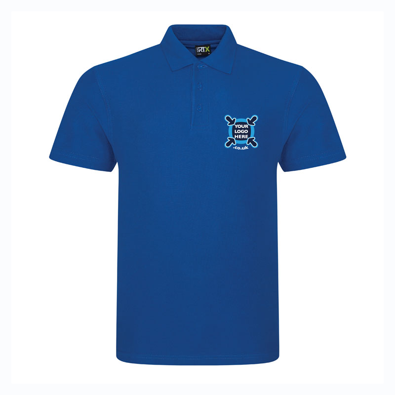 Customised, embroidered, and printed polo shirts, laid out for a branding showcase in Haverhill.