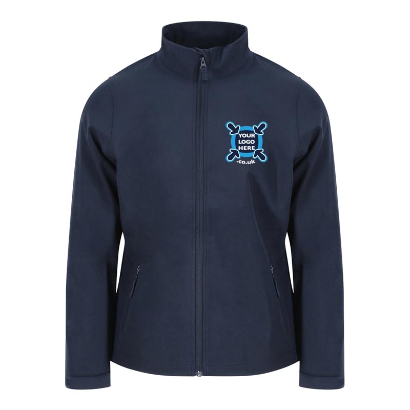 Customised, embroidered, and printed softshell jacket, laid out for a branding showcase in Haverhill.
